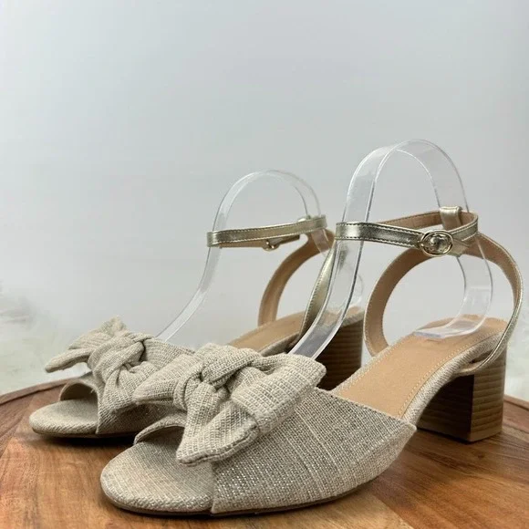 LOFT Beige Woven Bow Block Heel Ankle Strap Sz 9.5M Sandals Gold Shimmer Party - Picture 2 of 12